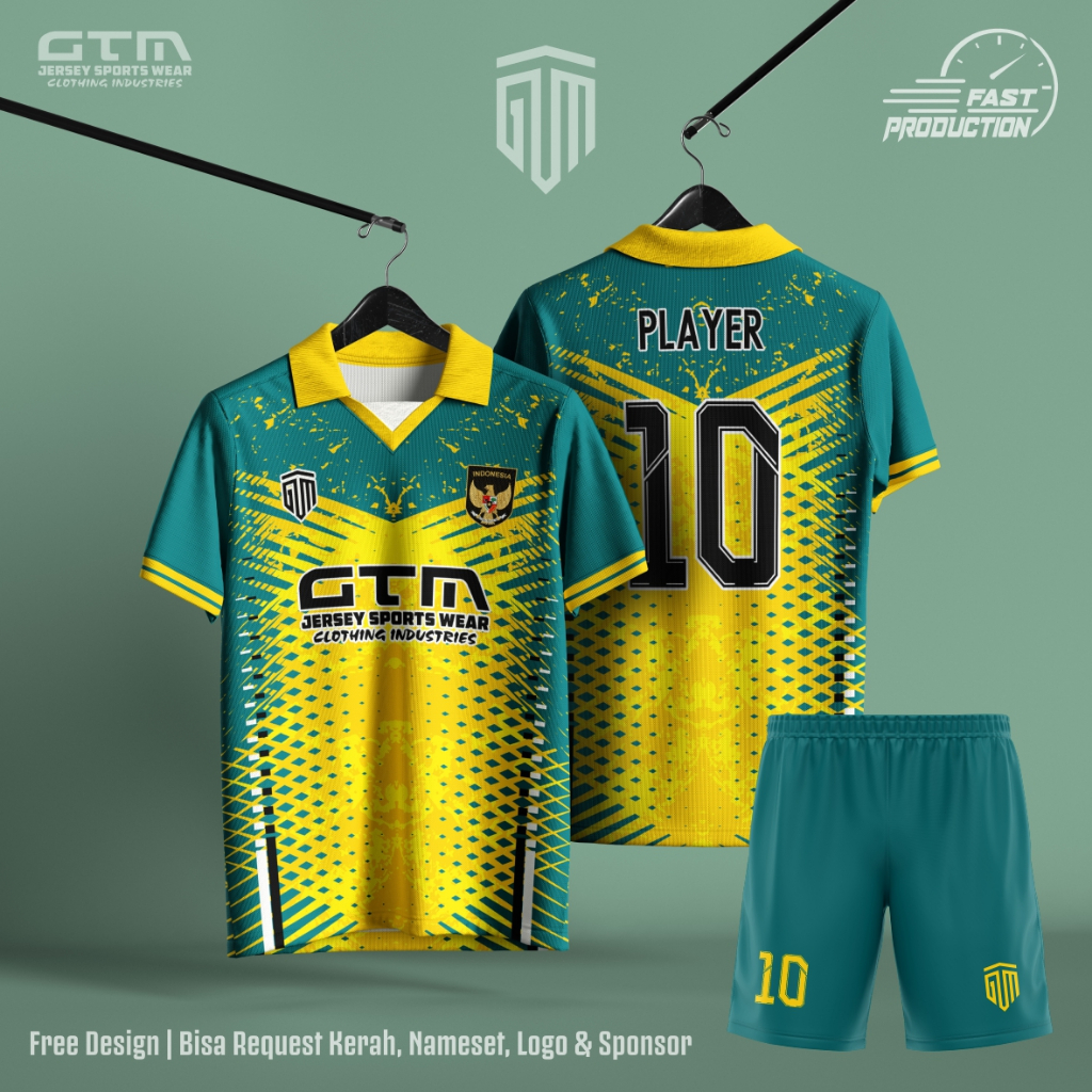 Jersey Bola Futsal Kuning Hijau Kerah Retro ~ Free Custom Design 0018