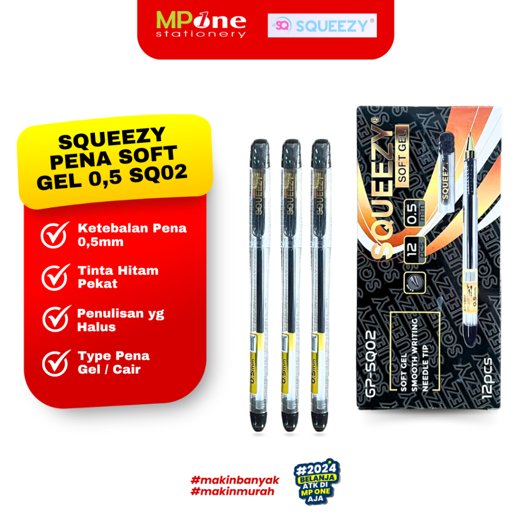 

(1 KOTAK) Squeezy Pena Soft Gel 0.5mm Tinta Hitam SQ02 / Pulpen Gel Hitam 0.5mm 1 Pack - 12 Pcs