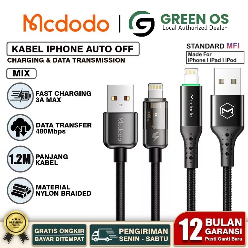 MCDODO Kabel Data USB A to Lightning iPhone 3A Transparent Auto Off CA-3140