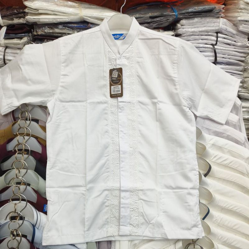 Baju Koko Syahdika Anak Tanggung / Junior Putih Motif Bordir Senada Lengan Pendek / Baju Koko Anak P