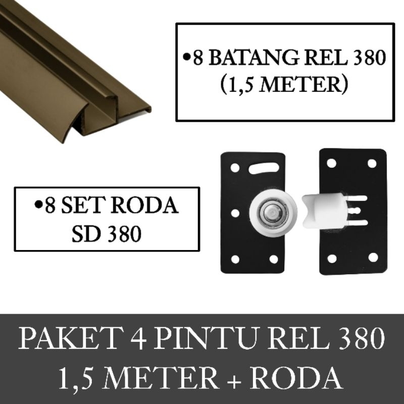(4 Pintu + Roda) Paket 8 Rel Timbul 380 Lenaga 1,5 M + 8 Set Roda SD - 380 Pintu Lemari Sliding / Ge