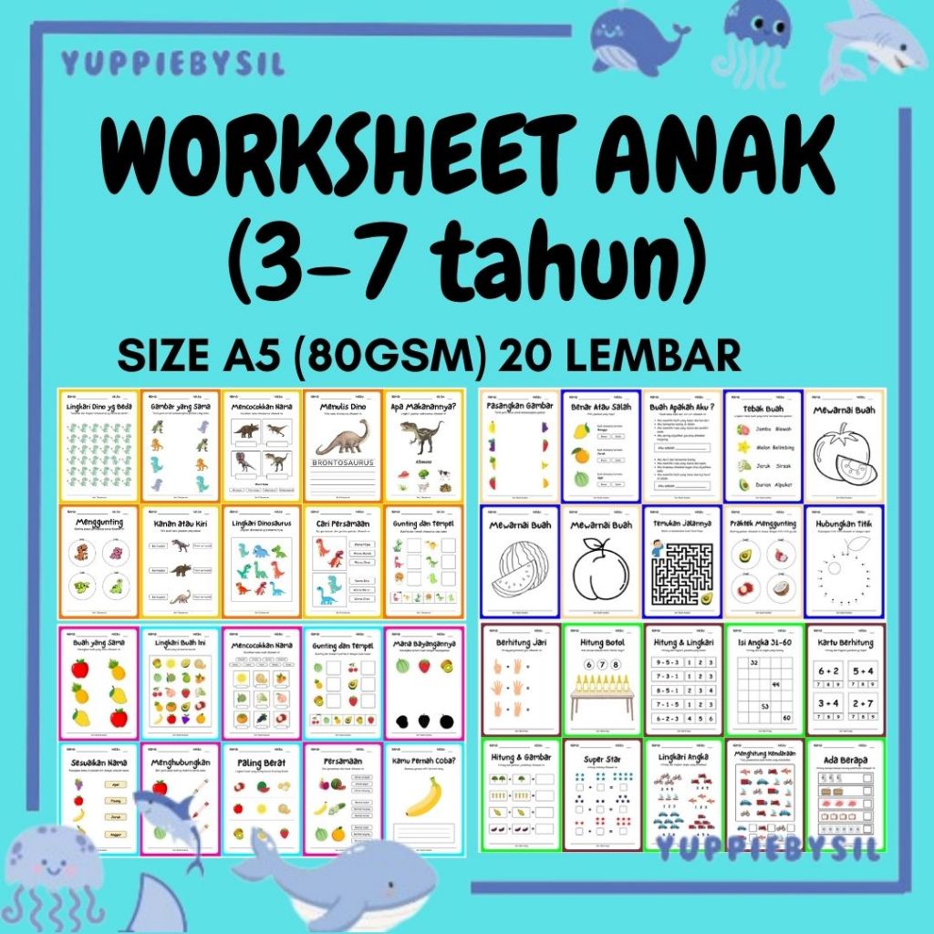 

Worksheet Anak (3-7 tahun) Size A5 (80GSM) 20 Lembar/Lembar Aktifitas Anak/Lembar Edukasi Anak