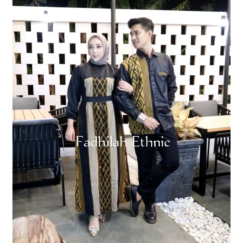 Baju Couple Tenun Keluarga - Kemeja Tenun dan Gamis Tenun Motif Toraja Gold - Set Couple Pasangan