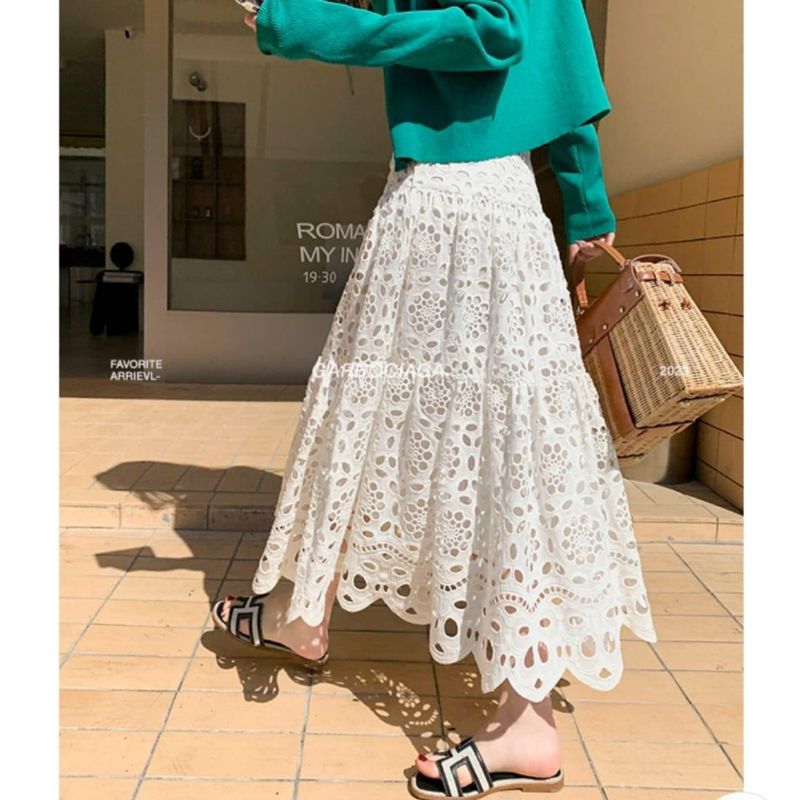 9766 Rok panjang Maxi skirt LASTELLA EMBROIDERED COTTON TIERED Katun bordir hitam putih polos katbol