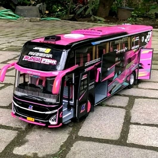 miniatur bus stj black pink full lampu leed bus mainan anak viral trending telolet basuri