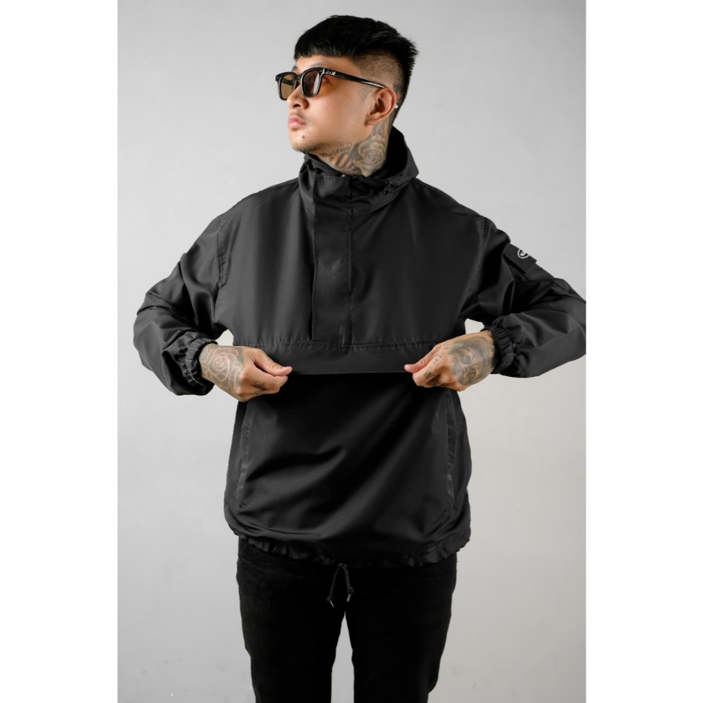 RA Cloth Jaket Cagoule Waterproof Hitam Polos Jaket Parasut Pria Wanita Anti Air
