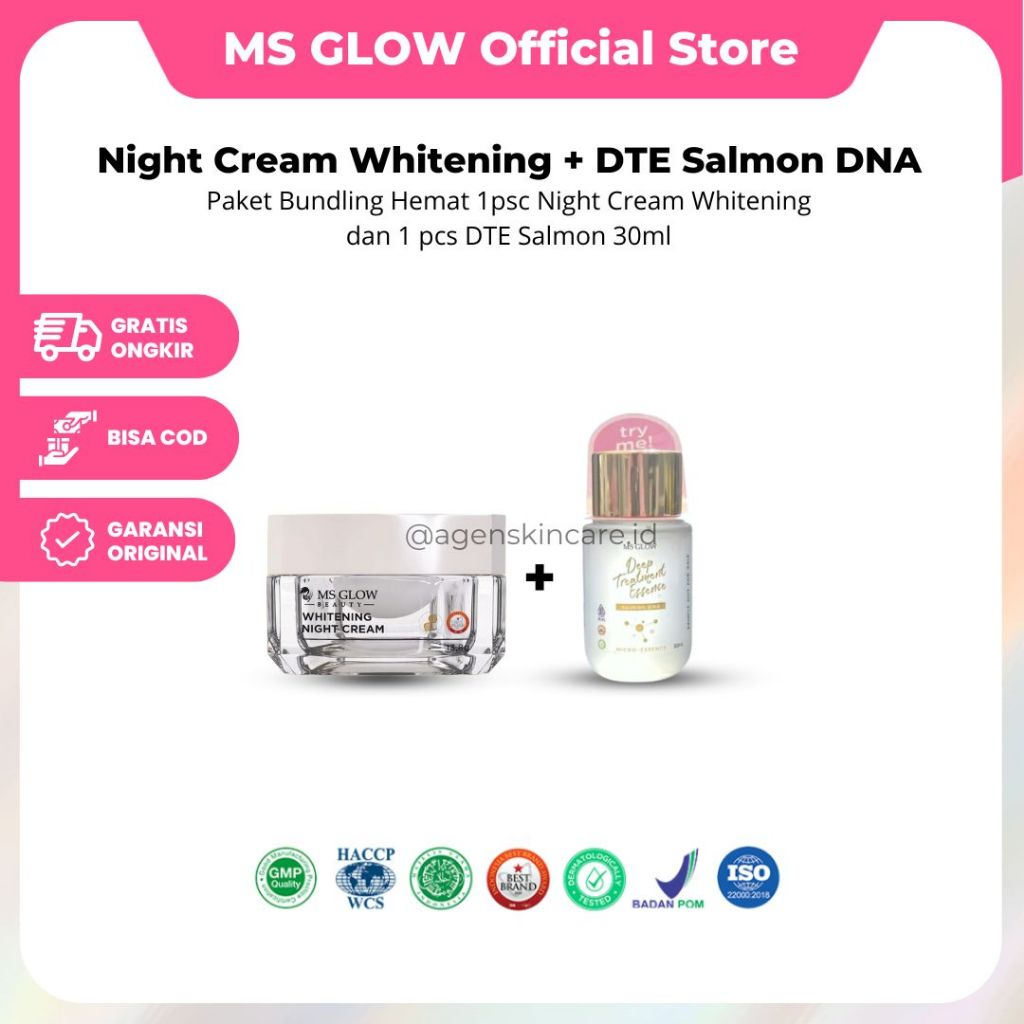 MS Glow White Night Cream + DTE Salmon DNA Paket Bundling Hemat 1pc