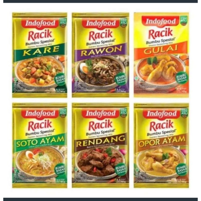 

Bumbu Spesial Racik Indofood Tersedia 4 varian rasa - rendang - opor ayam - gulai - rawon Harga tertera untuk 1pc