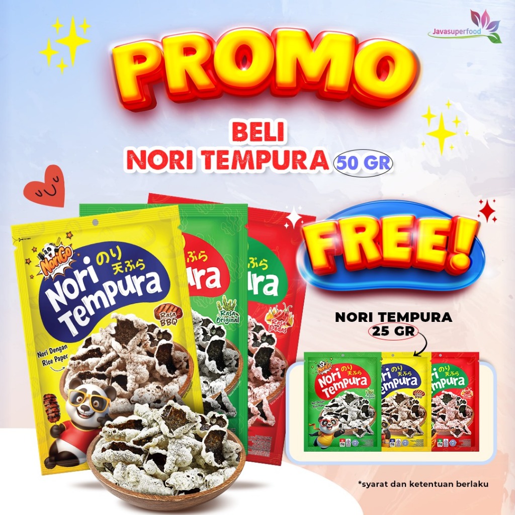 

[PROMO BUNDLING] HALAL NORIGO NORI TEMPURA 50GR + NORIGO NORI TEMPURA 25GR / SNACK NORI / SNACK RUMPUT LAUT