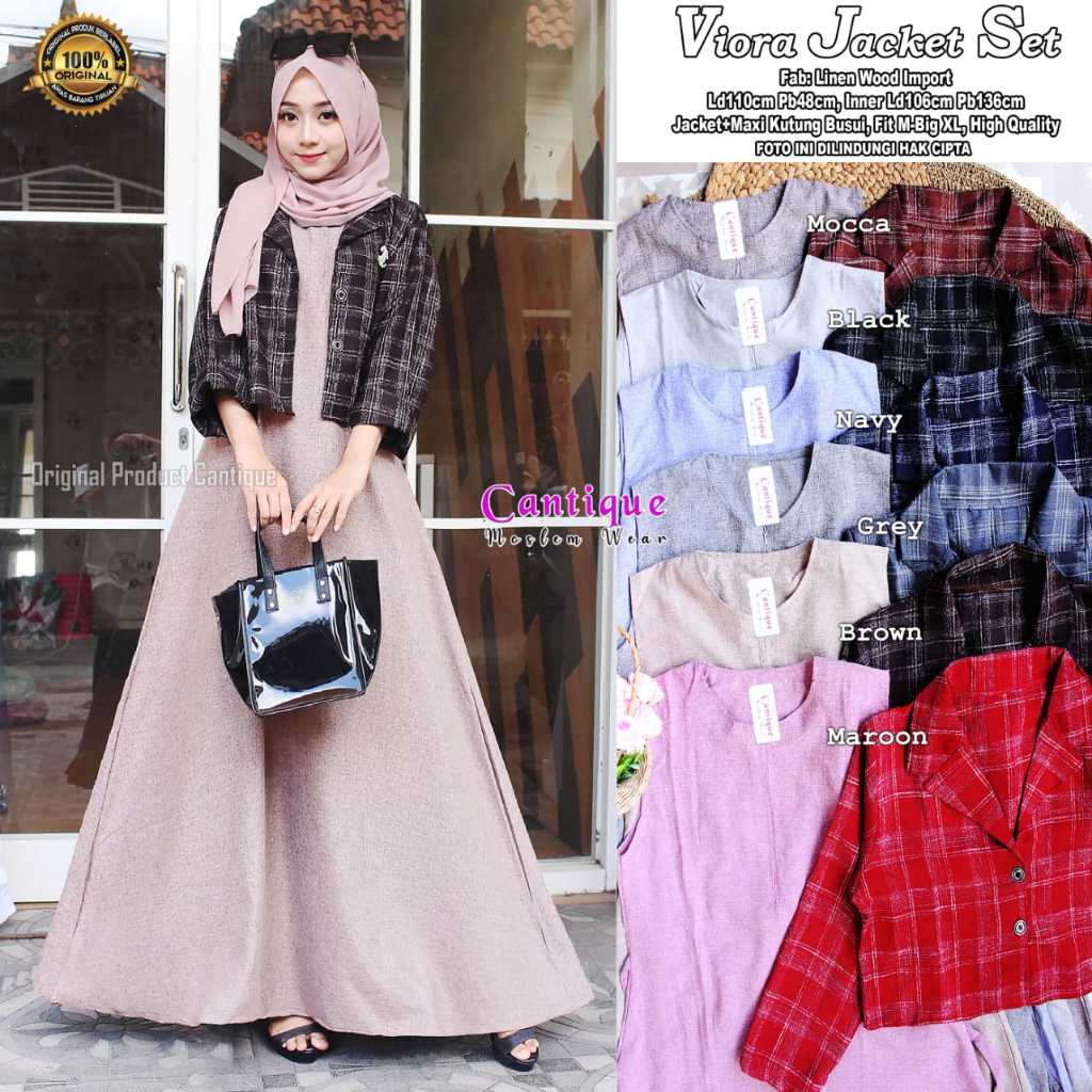 Viora Gamis Jacket Set Outer flannel terbaru Dress Lengan Kutung Polos