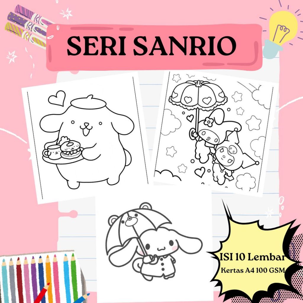 

10 Lembar kertas mewarnai anak ukuran A4 100 gsm seri Sanrio