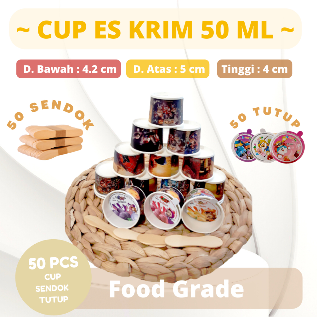 Wadah Es Krim Cup Es Cream Kecil Cup Es Krim Motif 50 ML lengkap Tutup dan sendok