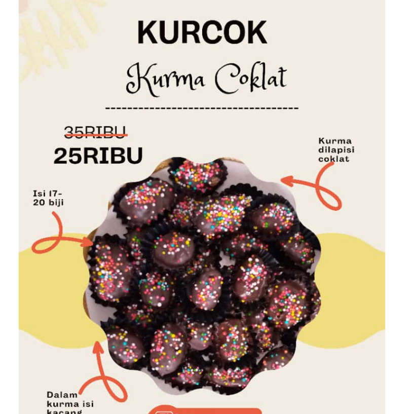 

KURCOK (Kurma Coklat) isi Kacang Mede/Mette, isi 17-20/toples/pak