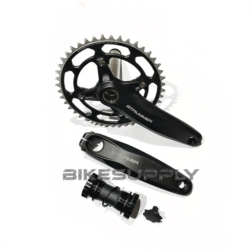 Crankset Sepeda BMX Single Speed + BB Hollowtech 2 HT2 Merk Strummer 44T Warna Full Hitam Alloy Panj