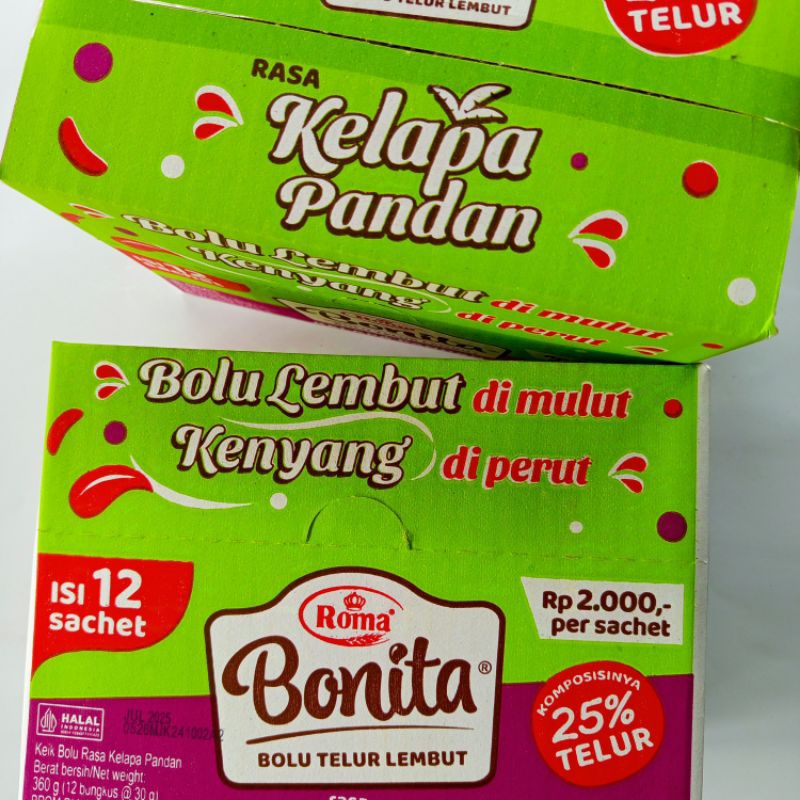 

Roma Bonita / bolu telur lembut rasa kelapa pandan / rasa coklat. kemasan 1 box isi 12 bungkus