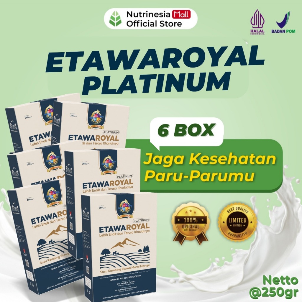 

ETAWAROYAL Platinum Perubahan merk Etawaplus Platinum Asli- Susu Etawa Bubuk Dengan Kolostrum Ampuh Atasi Gangguan Pernafasan - Kemasan 250gr Paket 6 Box