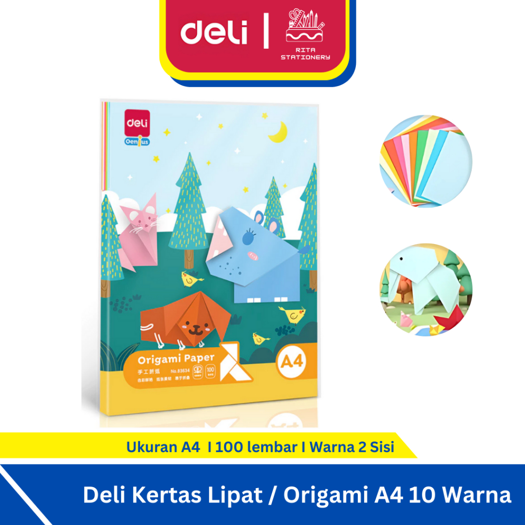 

Deli Origami A4 / Kertas Lipat Anak / Craft Paper 2 Sisi Sama Warna isi 100 lembar 10 Warna