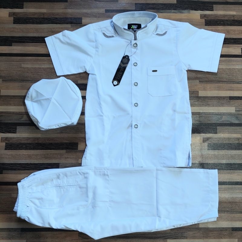 Setelan AL-WAFA PUTIH anak ukuran (4-9) lengan PENDEK / SETELAN anak Lengan PENDEK putih AL-WAFA