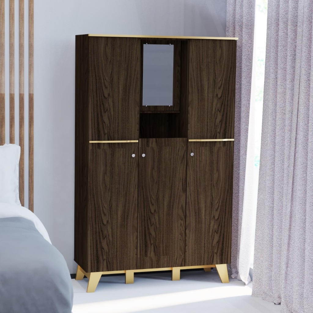 Trenz Furniture - Lemari 3 Pintu dengan kaca dan rak kosmetik Lemari Baju Gantung Brisbane