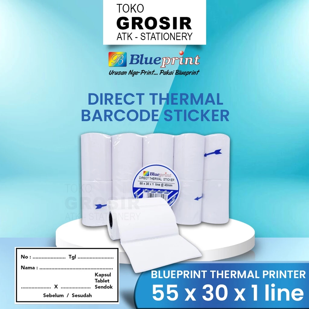 

(LIVE) 55x30 (1 PACK) Kertas Thermal Sticker Barcode Stiker Label Termal BLUEPRINT Paper Roll ≈ 58MM