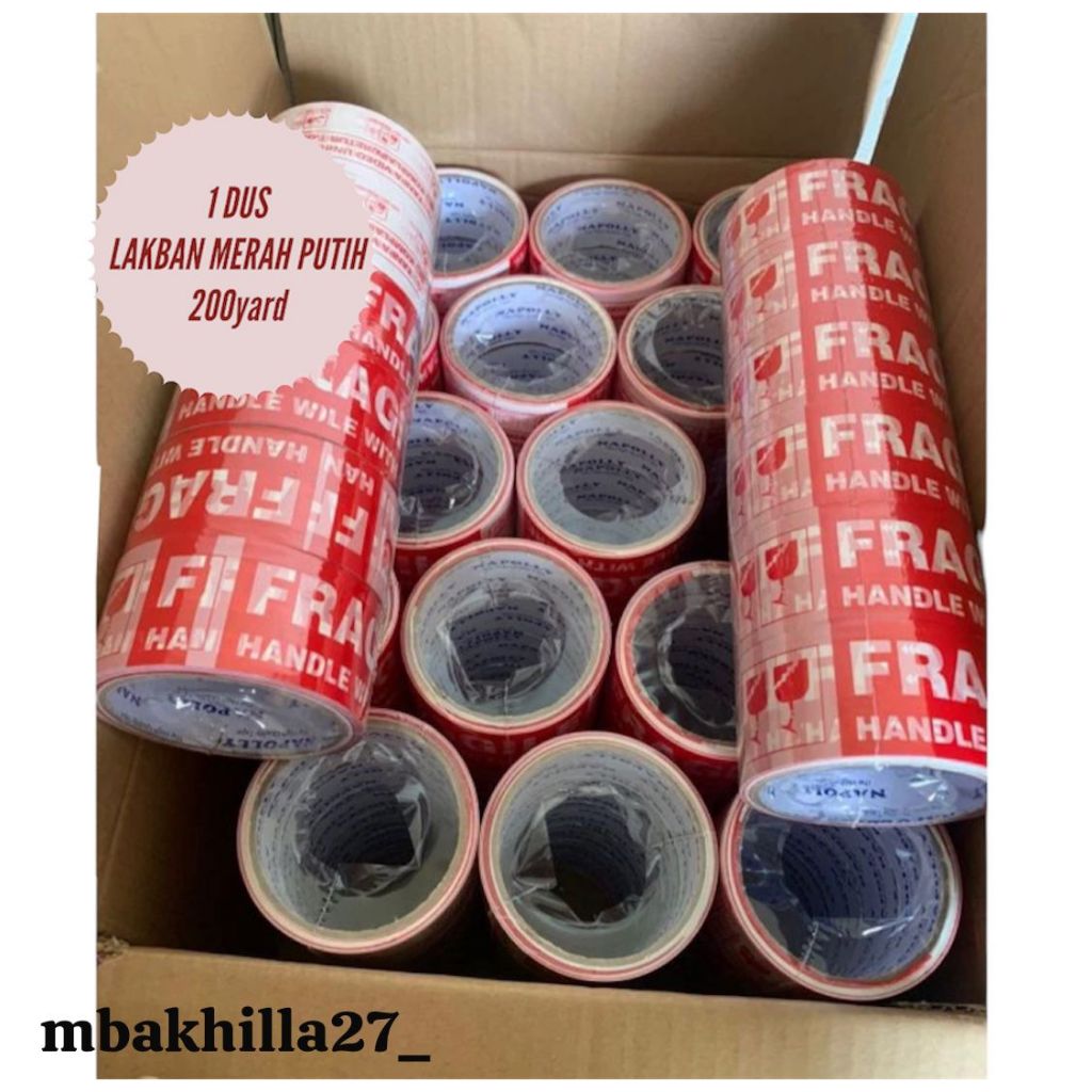 

1 DUS LAKBAN FRAGILE MERAH PUTIH SEVENSTAR 45MM X 200YARD | GROSIR 1 DUS ISI 54PCS
