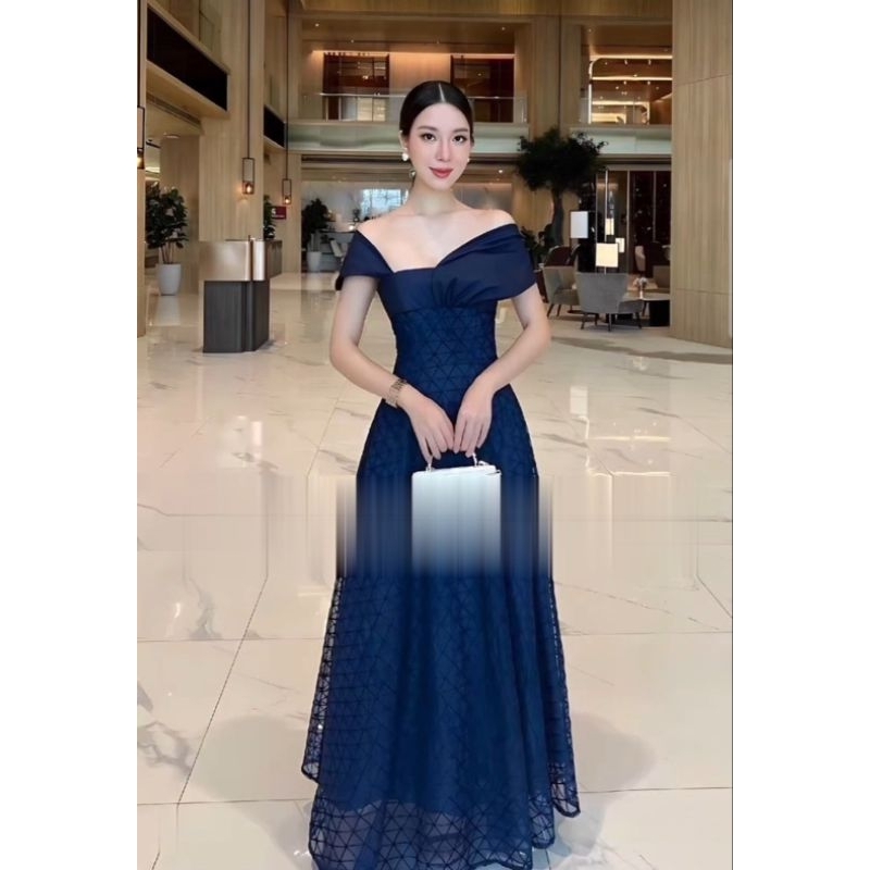 sabrina long dress aline lace lacey brukat brocade geometric europe paris gaun pesta wedding party e