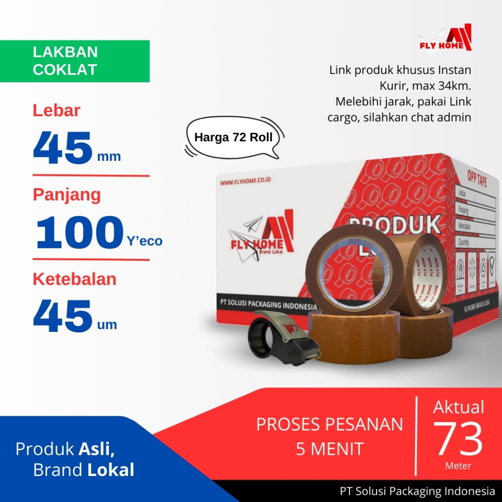 

FLYHOME Lakban coklat 1 dus 100yard 45mm x 100yard 72 roll 100 yard ECO Instan
