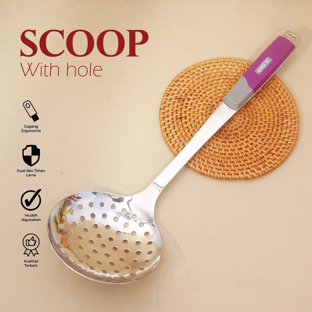 Centong Sayur Lubang Handle Plastik Sendok Masak Berlubang Strainer Stainless Centong Mie