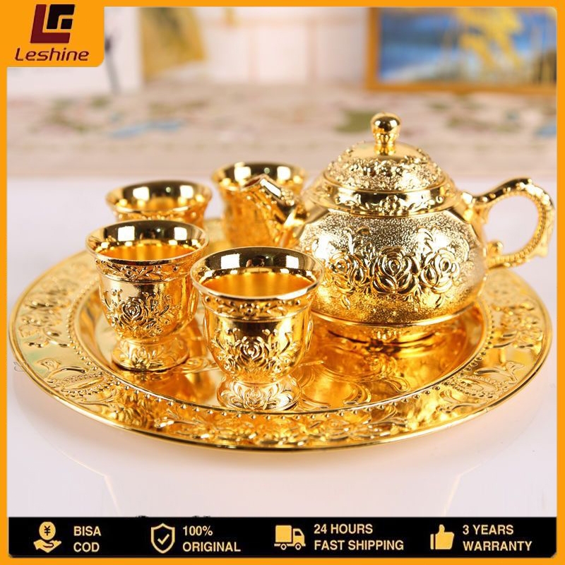 Leshine Set Teko Aladin Arab 6pcs Warna Emas dengan Ornament Antik, Gelas Anggur, dan Ukiran Mawar y