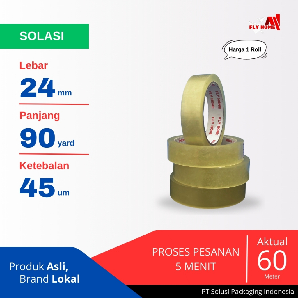 

FLYHOME Lakban kecil Solasi 90yard 24mm x 90yard 1 roll selotip 90 yard ECO