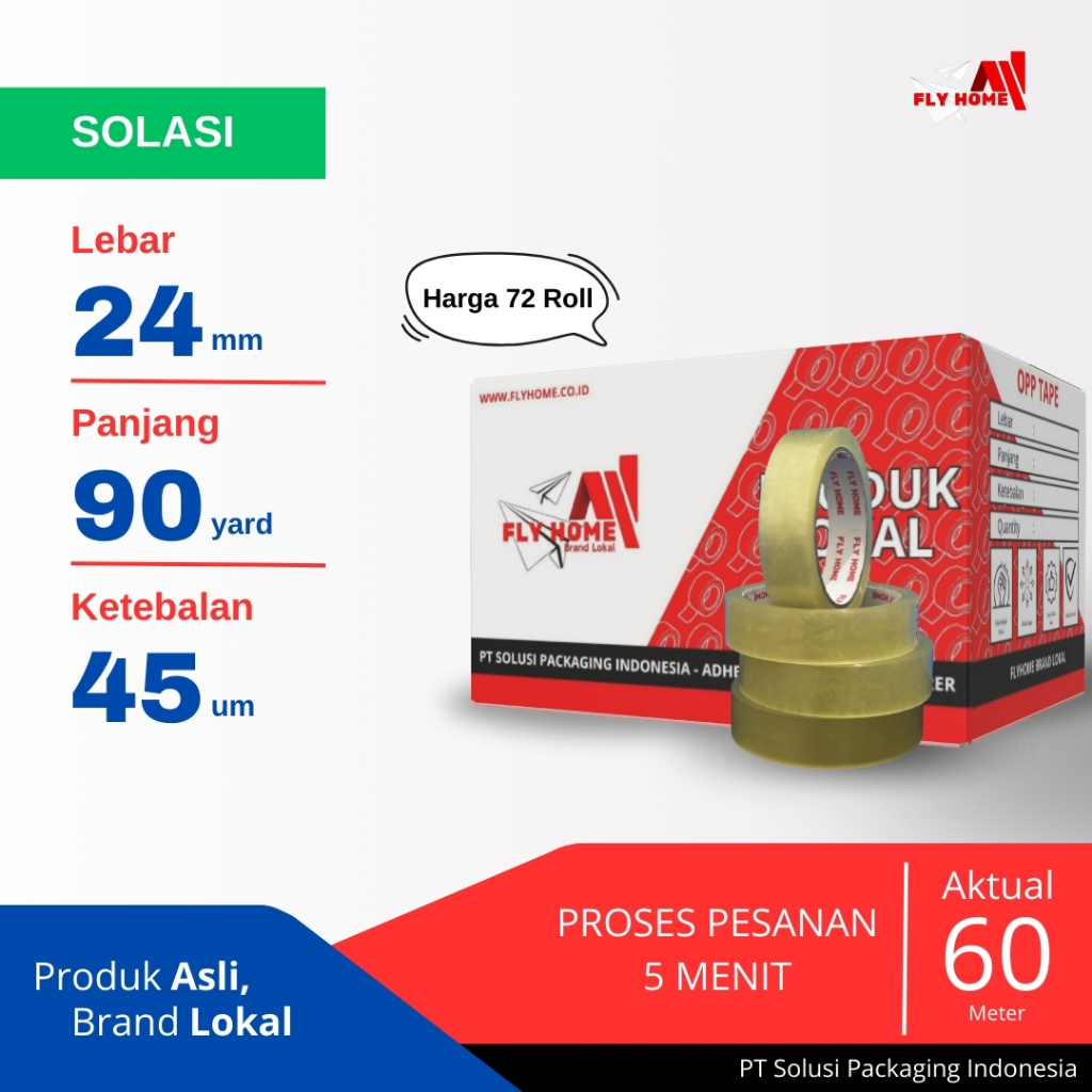 

FLYHOME Lakban kecil Solasi 90yard 1/2 dus 24mm x 90yard 72 roll selotip 90 yard ECO