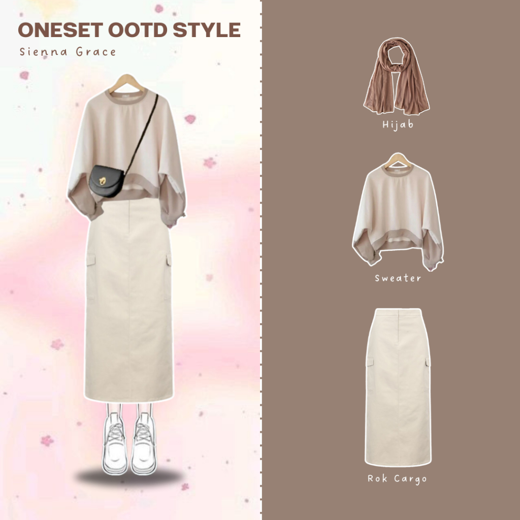 Sienna Grace / Outfit Set / Sweater / Rok Cargo / Hijab Pashmina / Setelan Korea Style / Casual Fits