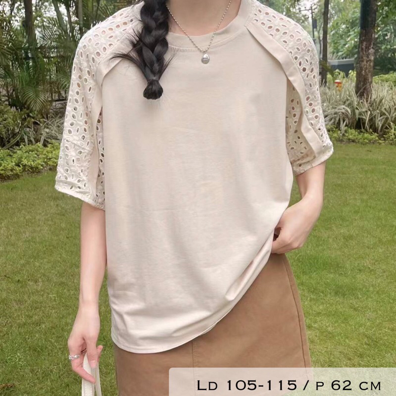 blouse wanita lace brokat plisket lengan pendek