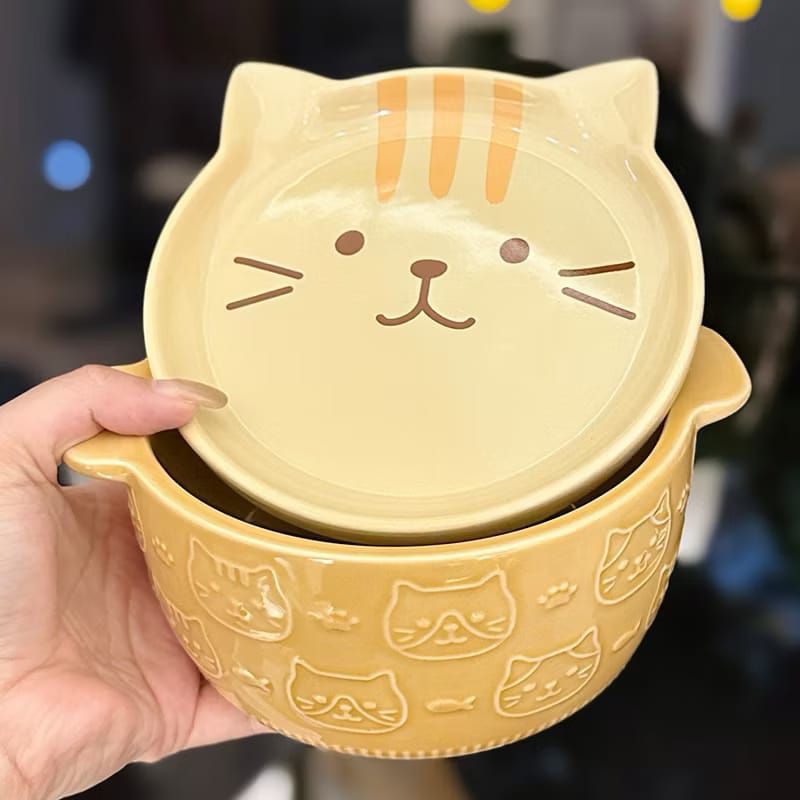 Mangkuk Keramik Gagang Motif Doggy Cat Lucu Dengan Tutup Tahan Panas / Ceramik Mangkok Tahan Panas