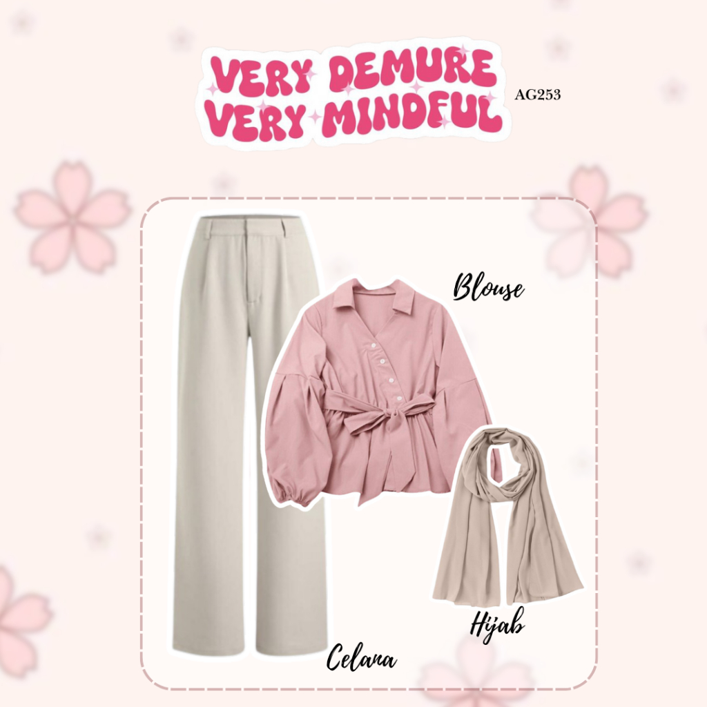 3in1 Setelan Outfit Korean Style OOTD One Set Wanita Kekinian | Blouse + Celana Ivory + Hijab | Outf