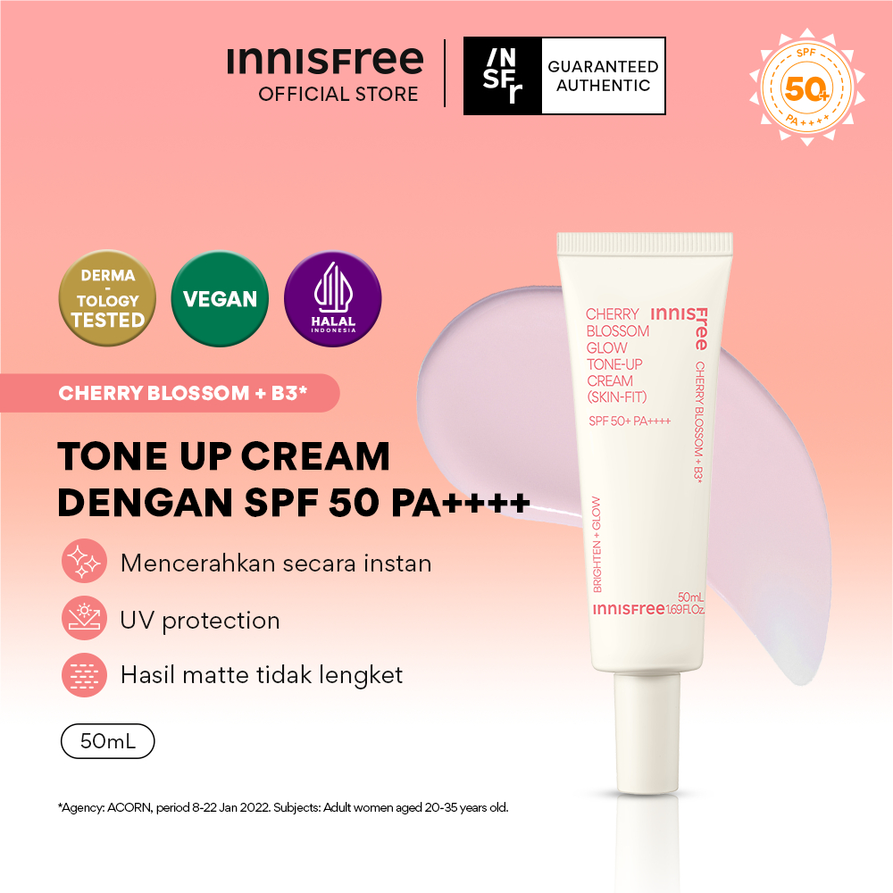 Innisfree Cherry Blossom Glow Tone Up Cream Skin Fit SPF50+ PA++++ 50ml / Krim Mencerahkan Seketika 