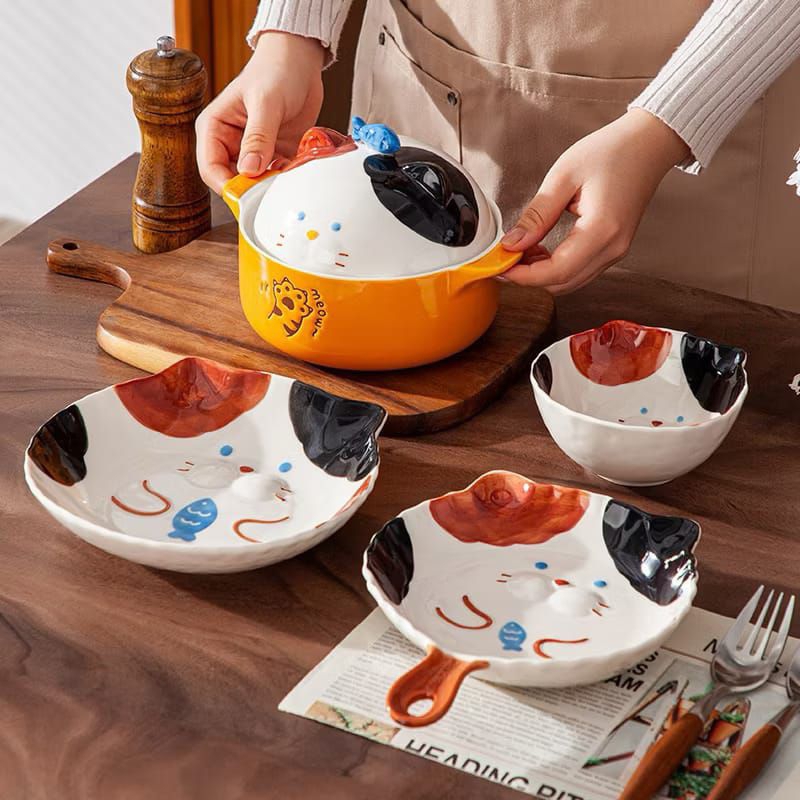 Piring Gagang Mangkok Dengan Tutup Keramik Motif Lucu Tahan Panas / Mangkok Keramik