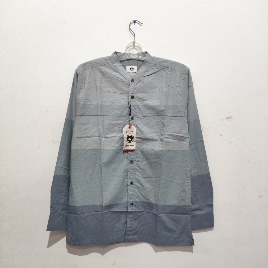 LUXTON Kemeja Casual Pria Kerah Shanghai Model Garis Abu Lengan Panjang LXKJYDR19