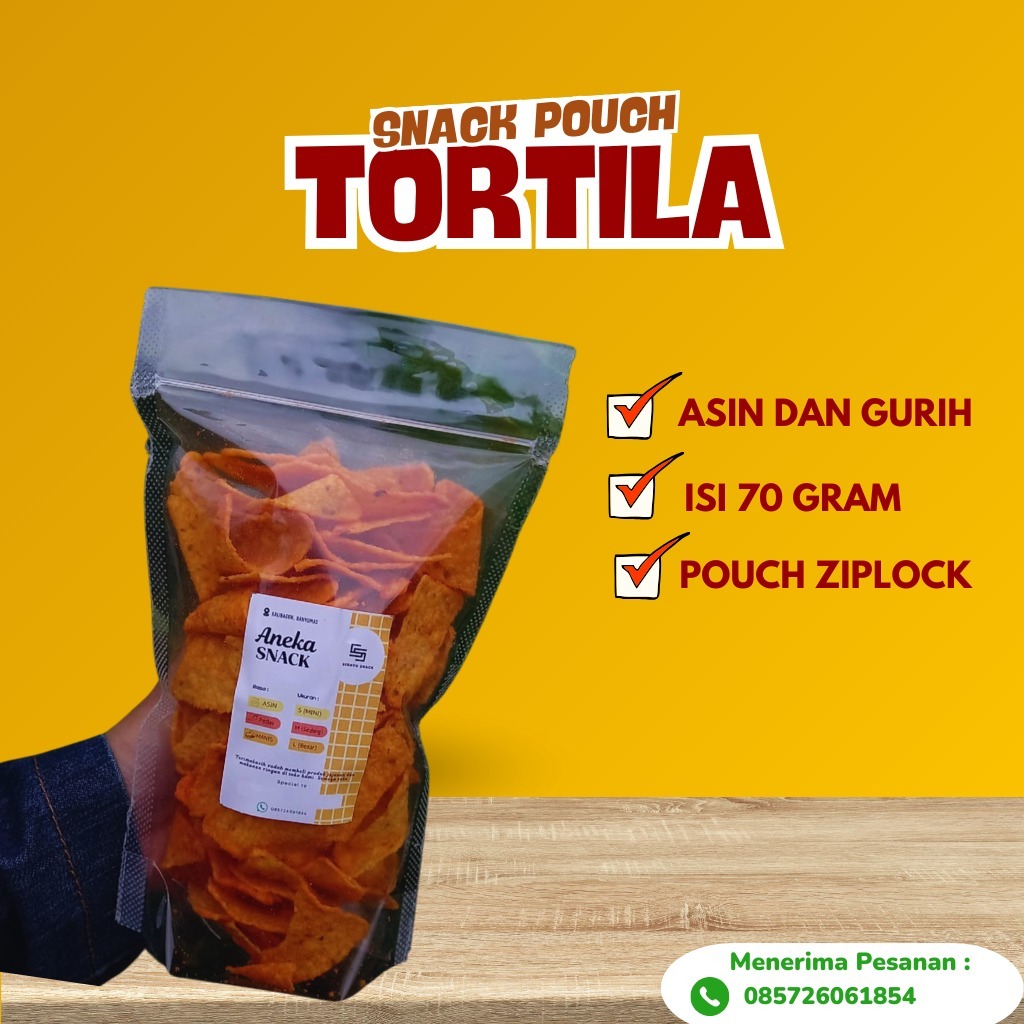 

Snack Tortila Kemasan Pouch, Renyah, Gurih, Pedas Balado