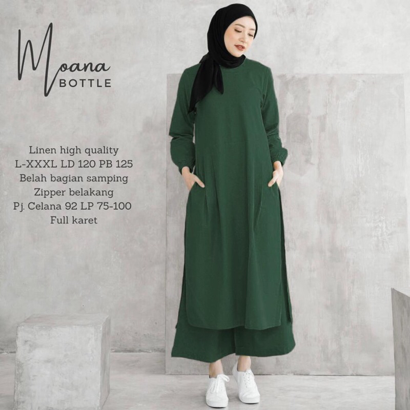 Setelan Wanita Celana Panjang Kulot Atasan Long Tunik Moana Set Polos Bahan Linen Rami Jumbo Ld 120