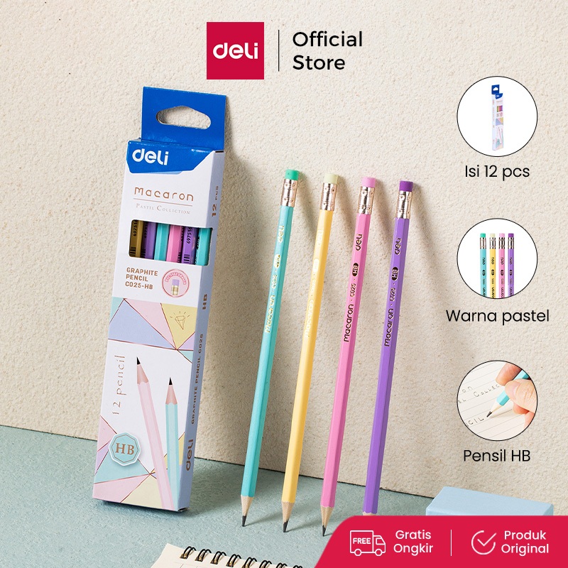 

Deli Graphite Pencil / Pensil Kayu HB 12 Pcs Warna Pastel Lucu Penghapus diujung EC025-HB