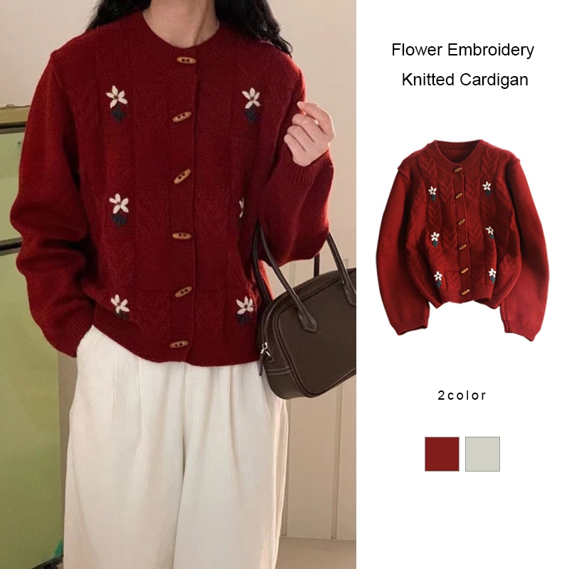 Jaket Sweater Kancing Tanduk Leher Bulat Kardigan Rajutan Bordir Bunga Atasan Lengan Panjang Wanita 