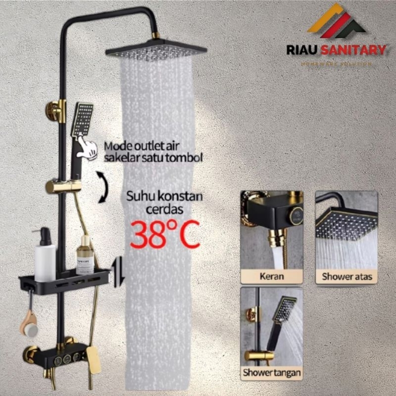 shower colume shower tiang panas dingin tombol 3in1 black gold