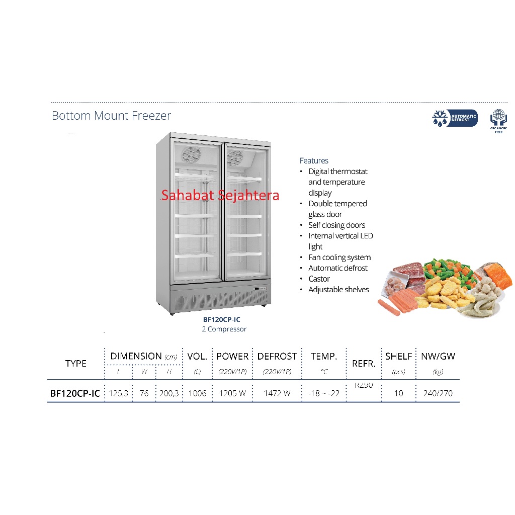 GEA Up Right Glass Door Freezer BF120CP-IC Freezer Standing 2 Pintu Kaca