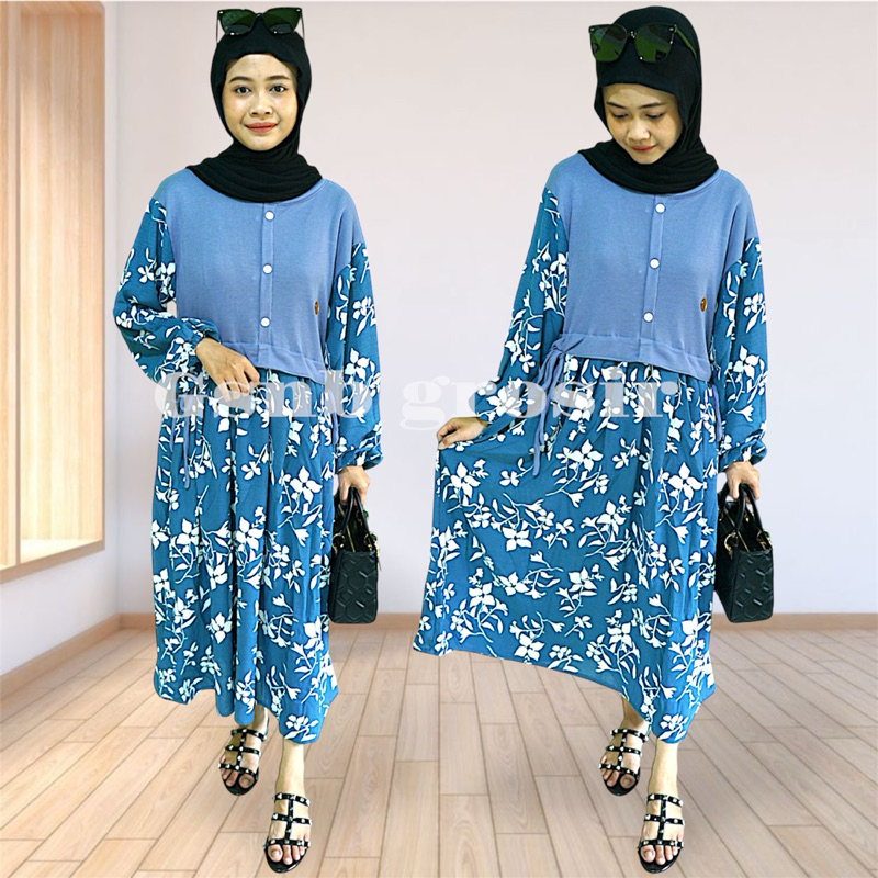 MIDI DRESS MOTIF BUNGA PUTIH KAIN CRINKLE MIX KAIN KNIT FREE BROSS