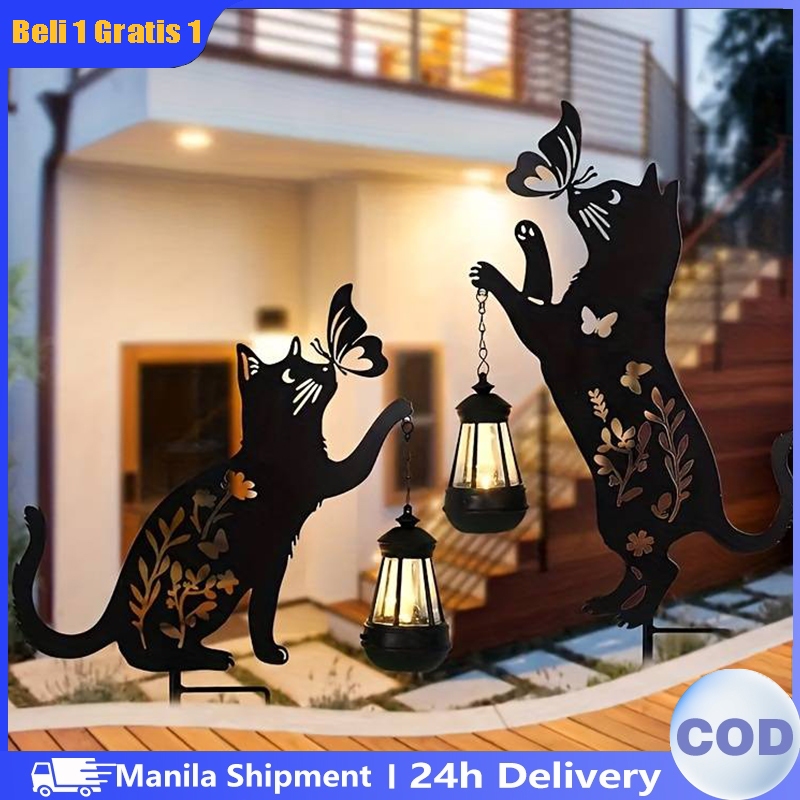 2 pcs Lampu Siluet Kucing Tenaga Surya - Seni Patung Besi, Lampu Taman Luar Ruangan Besi, Dekorasi R