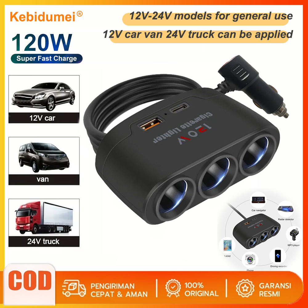[COD] 120W Splitter Socket Lighter Mobil Extension Socket Lighter Car Charger Mobil 3 IN 1 USB Fast 