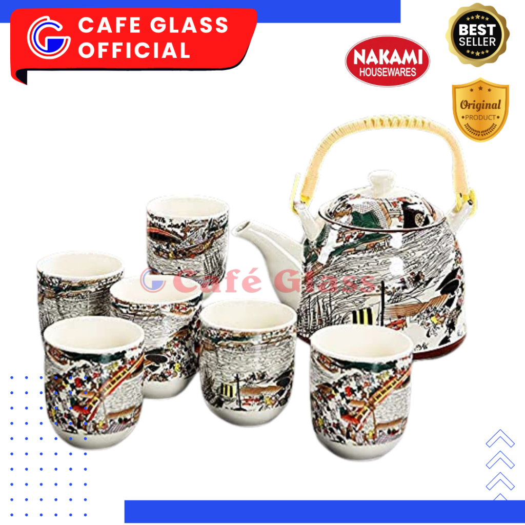 TEKO SET KERAMIK - - 1 TEKO + 6 CANGKIR / CHINESE TEA SET NAKAMI MOTIF KAPAL / CHINESE TEAPOT / AFTE