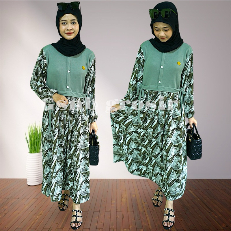 MIDI DRESS MOTIF MOZAIK KAIN CRINKLE PREMIUM MIX KAIN KNIT FREE BROSS