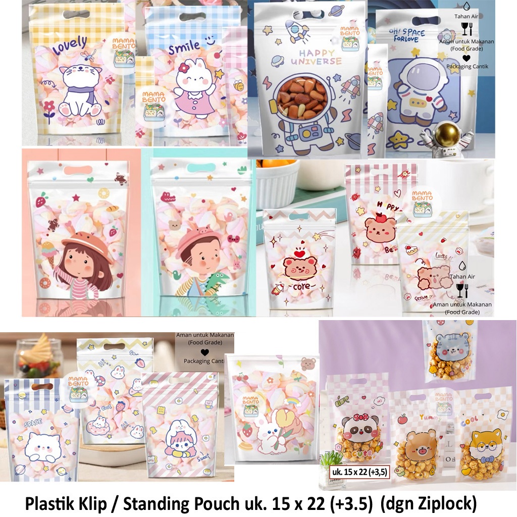 

Plastik Klip / Standing Pouch dengan Ziplock ukuran 15 x 22 (+3,5) Gambar Lucu Motif Hampers Snack Ulang Tahun Anak